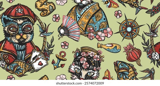 Cats pattern. Portrait of kitty geisha princess and sailor cat. Old school tattoo. Asian art style. Traditional oriental tattooing background. Seamless pattern