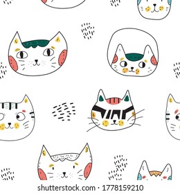 Cats pattern in Scandinavian style. Pattern with different cats and abstract lines. Ready for print cmyk 300 dpi. Print for T-shirt.