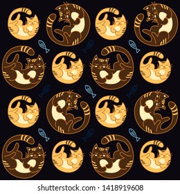 Cats patterns. Cute sleeping cats and fish. Vintage styles color
