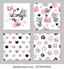 Cats patterns set. Cartoon cat heads vector illustration. Nursery design, animal paws print