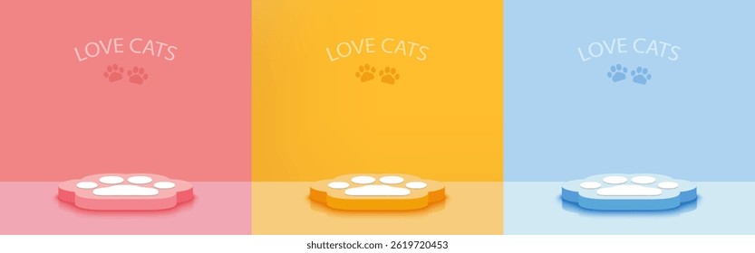 Cats paw base set on Pink, Yellow, and Blue background. Minimalist. Pedestal with for product display, advertising. Vector illustration.