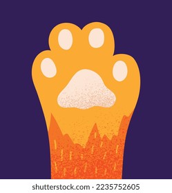 Cats paw concept. Footprint of brightly colored kitten, fire. Reaction for messengers and stickers. Communication and interaction on Internet. Fashion and trend. Cartoon flat vector illustration