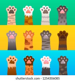 Cats paw flat. Cat paws claw hand, cartoon cute animal, fur funny wild hunter. Kitten friendship vector concept set