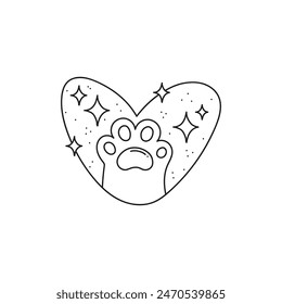Cat's paw, heart, stars. Sticker. Black and white vector illustration.