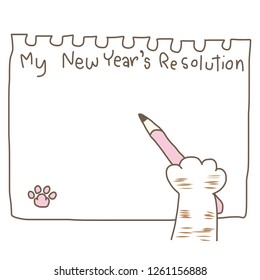  A cat's paw holding a pencil for writing a New Year's resolution down on cute paper with stamped cat paw print. A New Year's resolution notepad for cat lovers. Hand-drawn and doodle style vector.