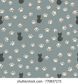 cats and paw print seamless pattern. Traces of Cat Textile Pattern