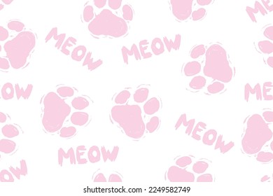 Cats paw seamless pattern, MEOW quote. White and pink cats and kittens footprint. Cute hand drawn kitten faces. Vector illustration.