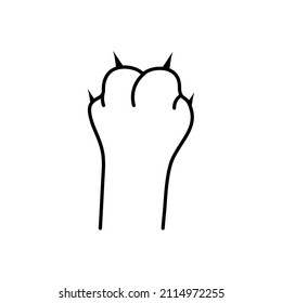 La pata de un gato con garras afiladas. El gatito está arañando. Mascota de casa. Borde negro. Icono de línea del vector aislado en fondo blanco.