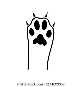 A cat's paw with sharp claws. The kitty is scratching. Home pet. Black outline. Vector line icon isolated on white background.