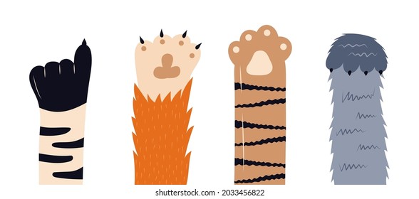 Cats paw vector set. Pet feet in hand drawn style. Paws of fluffy, pretty, friendly kittens. Legs of domestic animals.