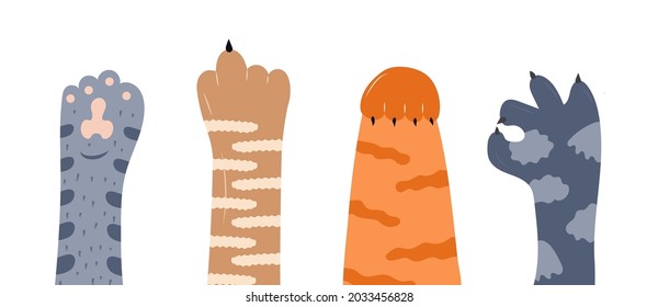 Cats paw vector set. Pet feet in hand drawn style. Paws of fluffy, pretty, friendly kittens. Legs of domestic animals.