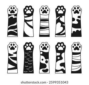 Cats paws cartoon doodle black and white set. Different cat kitten palm up furry hands. Art design footprint for pet store flat style. Textured patterned pets feet various fur. Vector Illustration