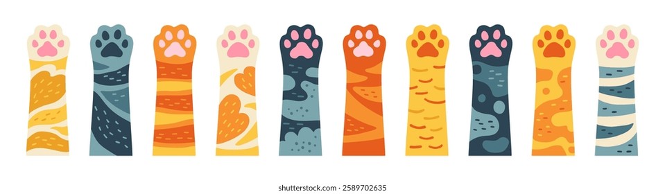 Cats paws cartoon set. Row of different cat kitten palm up, cute furry hands art. Horizontal banner for pet store in flat style design. Collection of pets feet various fur colors. Vector Illustration