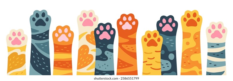 Cats paws cartoon vector Illustration. Row of different cat kitten palm up, cute furry hands art. Horizontal banner for pet store in flat style design. Flyer or postcard pets feet various fur colors