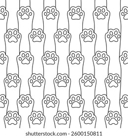 Cats paws footprint seamless pattern. Different palm hands cat kitten black on white background. Endless boundless pet furry doodle design for paper print wrapper backdrop template vector Illustration