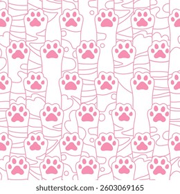 Cats paws footprint seamless pattern. Different palm hands cat kitten pink on white background. Endless boundless pet furry design for paper print wrapper backdrop template. Cute vector Illustration