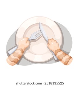 Cats paws holding cartoon fork and knife over empty plate. Funny hungry pet waiting for food at table. Catering service, veterinary mascot, cartoon cute tabby cat ready to eat dish vector illustration