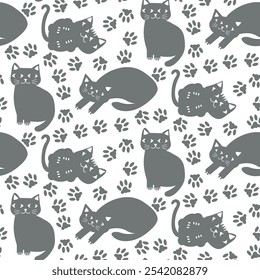 Cats and paws neutral gray seamless vector pattern background. Backdrop with silhouettes of sitting and lying down cats in a half drop repeat. Grey white animal repeat for feline pet products or blog