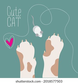 The cat's paws play with the mouse. Illustration in flat style.