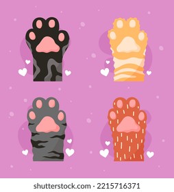 Pistolas de gatos. Colección de stickers para redes sociales. Gatito y animal, logotipo de tienda de mascotas o icono. Piernas naranjas, amarillas y grises. Ilustraciones del vector plano de dibujos animados aisladas en fondo rosa