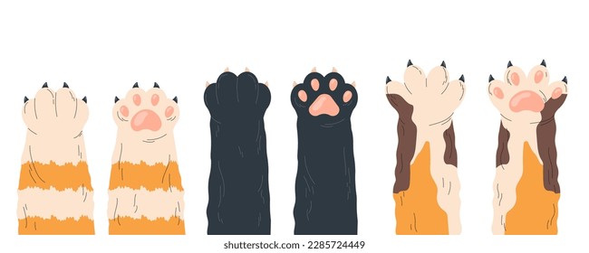 Cats paws set. Colorful kittens and pets, domestic animals. Various cute kitten Legs with claws. Foot of charming fluffy characters. Cartoon flat vector illustrations isolated on white background