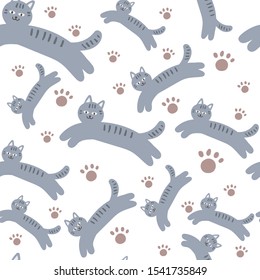 Cats and paws, vector seamless pattern