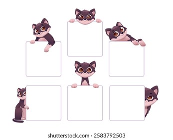 Cats peeking. smart funny domestic animals in cartoon style with empty banners for personal text