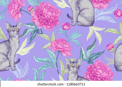 Cats and peonies. Kittens and flowers. Seamless pattern. Vector illustration modern. Hand sketch pet and plant. Pink, grey and purple. For design of paper, wallpaper, textiles, decoration animals shop