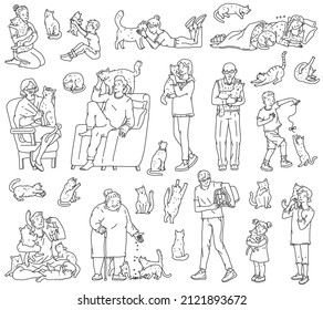 Cats and people. Characters hug and take care of their favorite pets. Line doodle black white isolated vector illustrations.