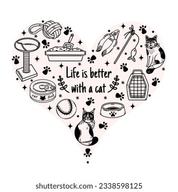 Cats and pet accessories. Goods for kittens - toys, scratching post, food, bowl, litter box tray. Vector set in a heart. Grooming and veterinary for animals. Black and white clipart for print, posters