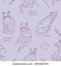 Cats pet animals, funny kittens seamless pattern. Hand drawn vector illustration. Colored ornament. Design for decor, wallpaper, background, textile.