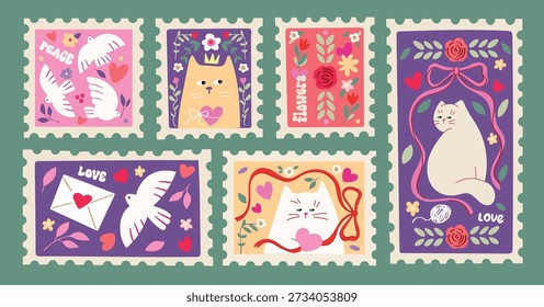  Gatos e pombos, conjunto de selos de estilo ingênuo, carimbos, adesivos, elementos decorativos, desenhado à mão, ilustração vetorial criativa