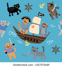 Cats, pirates, sailors. Childish funny creative cats. Blue seamless pattern. Vector Illustration. Perfect for kids apparel,fabric, textile, nursery decoration, wrapping paper.