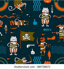 Cats pirates seamless vector hand drawing illustration, T-shirt boy and girl design, textile design, kids party design.