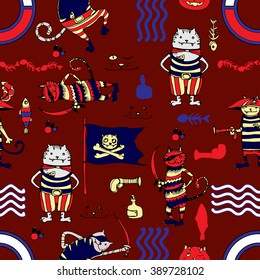 Cats pirates seamless vector hand drawing illustration, T-shirt boy and girl design, textile design, kids party design.