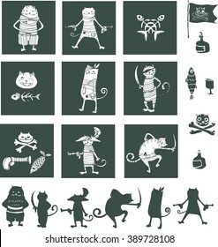 Cats pirates with silhouette,  vector hand drawing illustration, T-shirt boy and girl design, textile design, kids party design. Logo design.