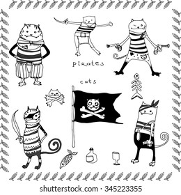 Cats pirates vector hand drawing illustration with fish frame, T-shirt boy and girl design, kids party design.