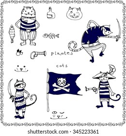 Cats pirates vector hand drawing illustration with fish frame, T-shirt boy and girl design, kids party design.