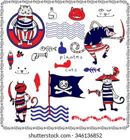 Cats pirates vector hand drawing illustration with fish frame, T-shirt boy and girl design, kids party design.
