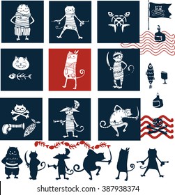 Cats pirates vector hand drawing illustration and logo, T-shirt boy and girl design, kids party design.
