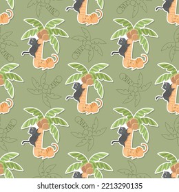 cats and plam in summer day cartoon seamless pattern