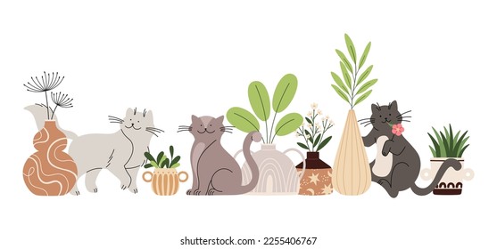 Cats and plants. Cute doodle kitten walk and sitting in pot home flowers. Cartoon flat cat eat flower, funny pets vector scene