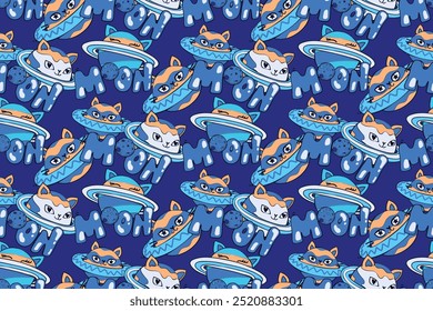 Cats platens seamless pattern and text Moon. Cartoon universe print with planets cats ears, satellite asteroid. Kids print for textile, fabric, wrapping paper. Blue planets ornament