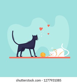 Cats play with a ball of yarn, pets. Flat design vector illustration