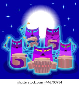 Cats play the drums. Cats are sitting on the background of the starry sky above their heads shines full moon. Vector illustration.