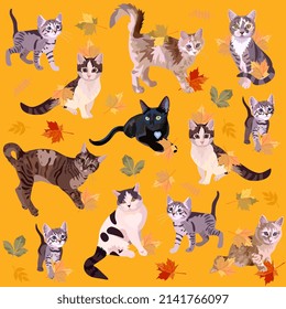 Cats play with fallen leaves on an orange background in vector. Beautiful collection of pets, symbols of Chinese New Year 2023. Seamless romantic print for fabric. Sweet animal pattern.