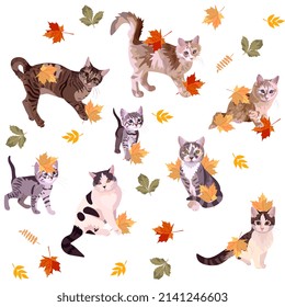 Cats play with fallen maple leaves isolated on white background. Cute cartoon illustration with symbols of chinese new year 2023. Sweet romantic print for fabric, linens in vector.