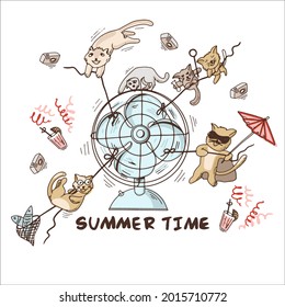 Cats play with a fan. Can be used as a pattern for fabric, wallpaper, packaging.