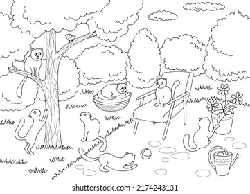 Cats play in garden graphic black white sketch landscape illustration vector