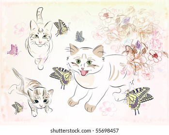 cats  playing with butterflies.eps 10